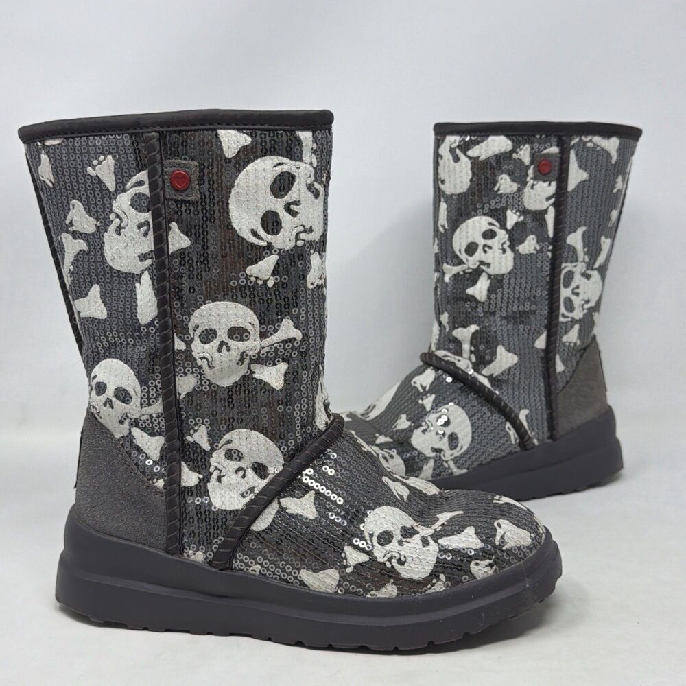 UGG I Heart UGG Skull Crossbones Sequin Tall Boots Gray Women's 4 1007243